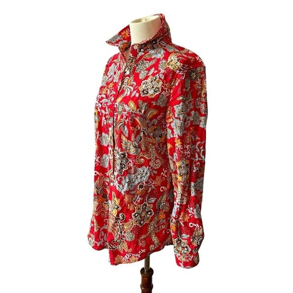 SOLD J MCLAUGHLIN LOIS SHIRT S RED FLORAL WHIMSY CASUAL COLORFUL STRETCH COTTON - Picture 4 of 12